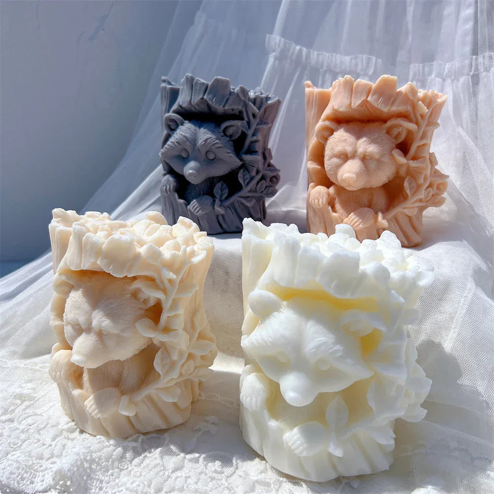 Raccoon and Bear Hiding In Tree Trunk Silicone Candle Mould