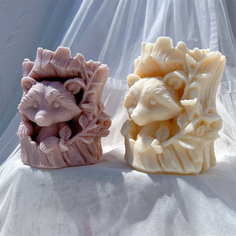 Raccoon and Bear Hiding In Tree Trunk Silicone Candle Mould