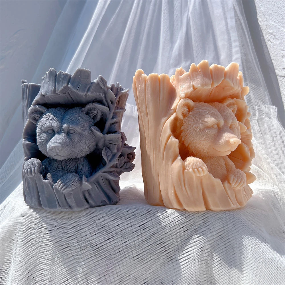 Raccoon and Bear Hiding In Tree Trunk Silicone Candle Mould