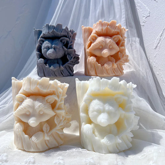Raccoon and Bear Hiding In Tree Trunk Silicone Candle Mould