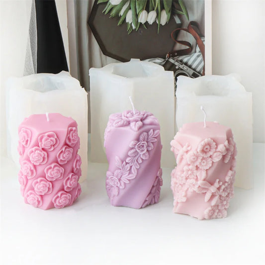 3D Relief Bees Cylindrical Floral Pillar Candle Silicone Mould