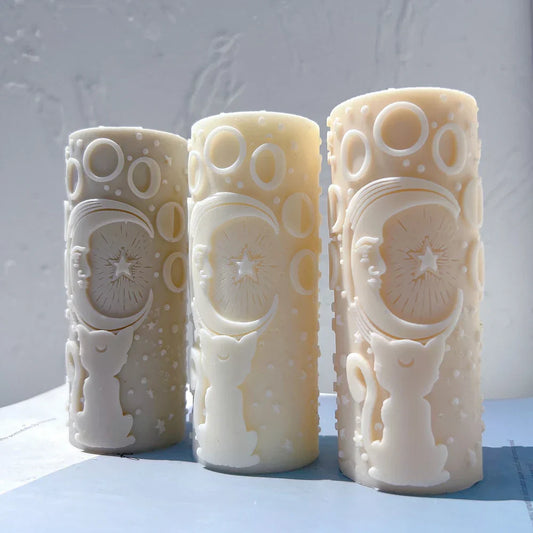 Cat Moon and Stars pillar Candle Mould Moon