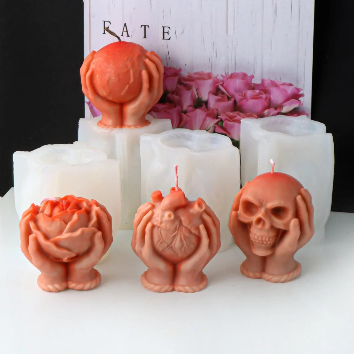 3D Hand Holding Rose Heart Skull Silicone Mold