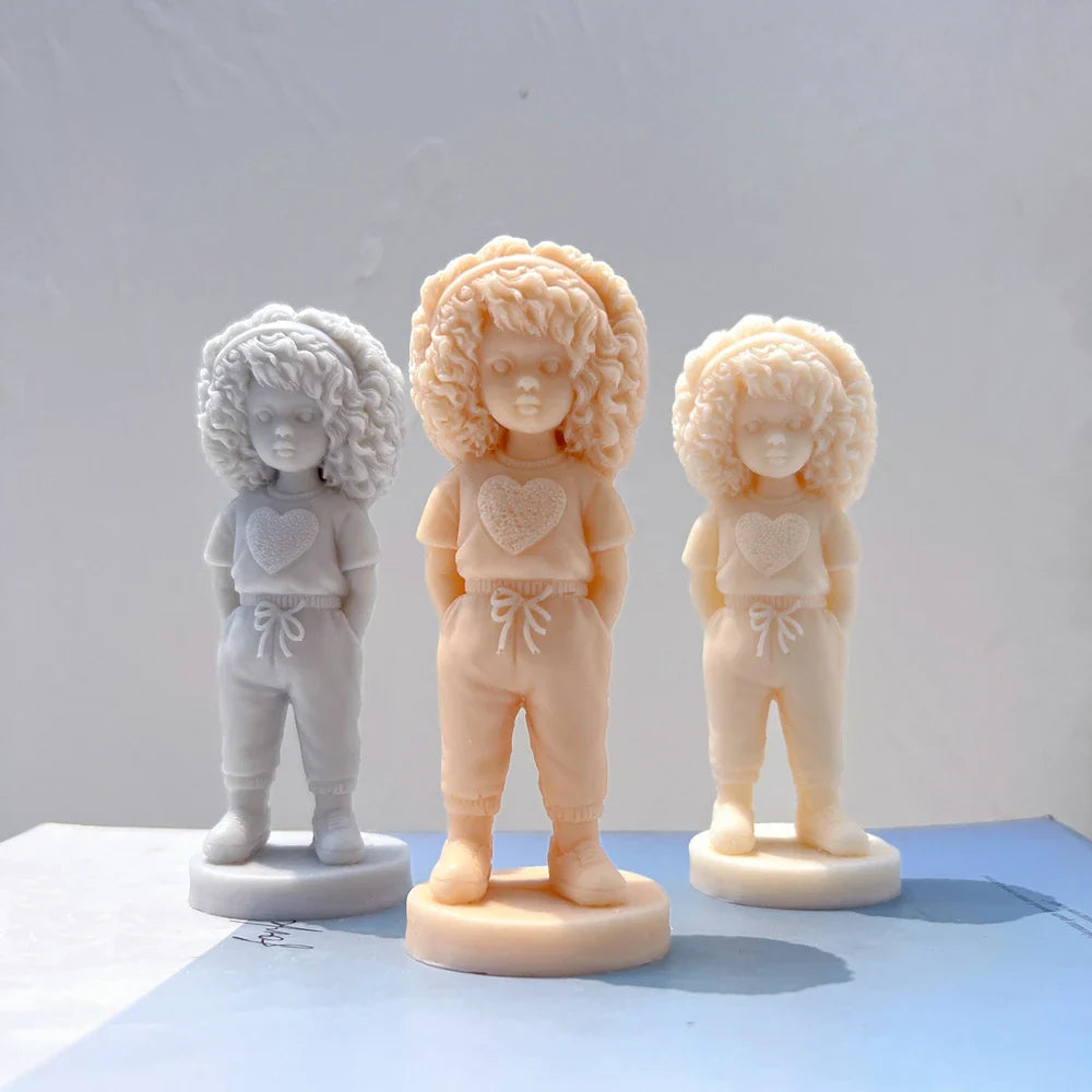 Curly Hair Girl with Heart Shirt Candle Mold