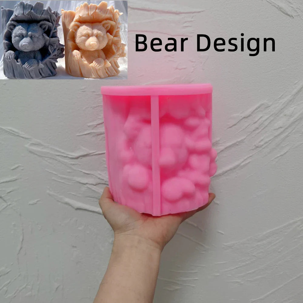 Raccoon and Bear Hiding In Tree Trunk Silicone Candle Mould