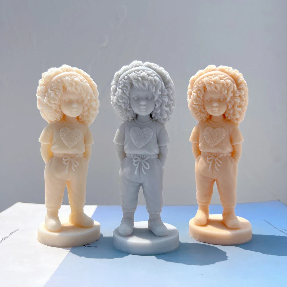 Curly Hair Girl with Heart Shirt Candle Mold