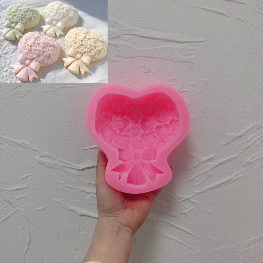 Flat Bowknot Rose Bouquet Pillar Candle Mould