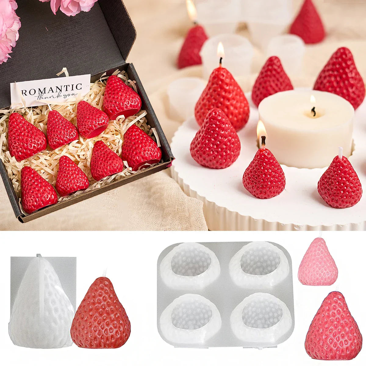Strawberry Shaped Silicone Candle Mould 4PCS/1PC S/M/L
