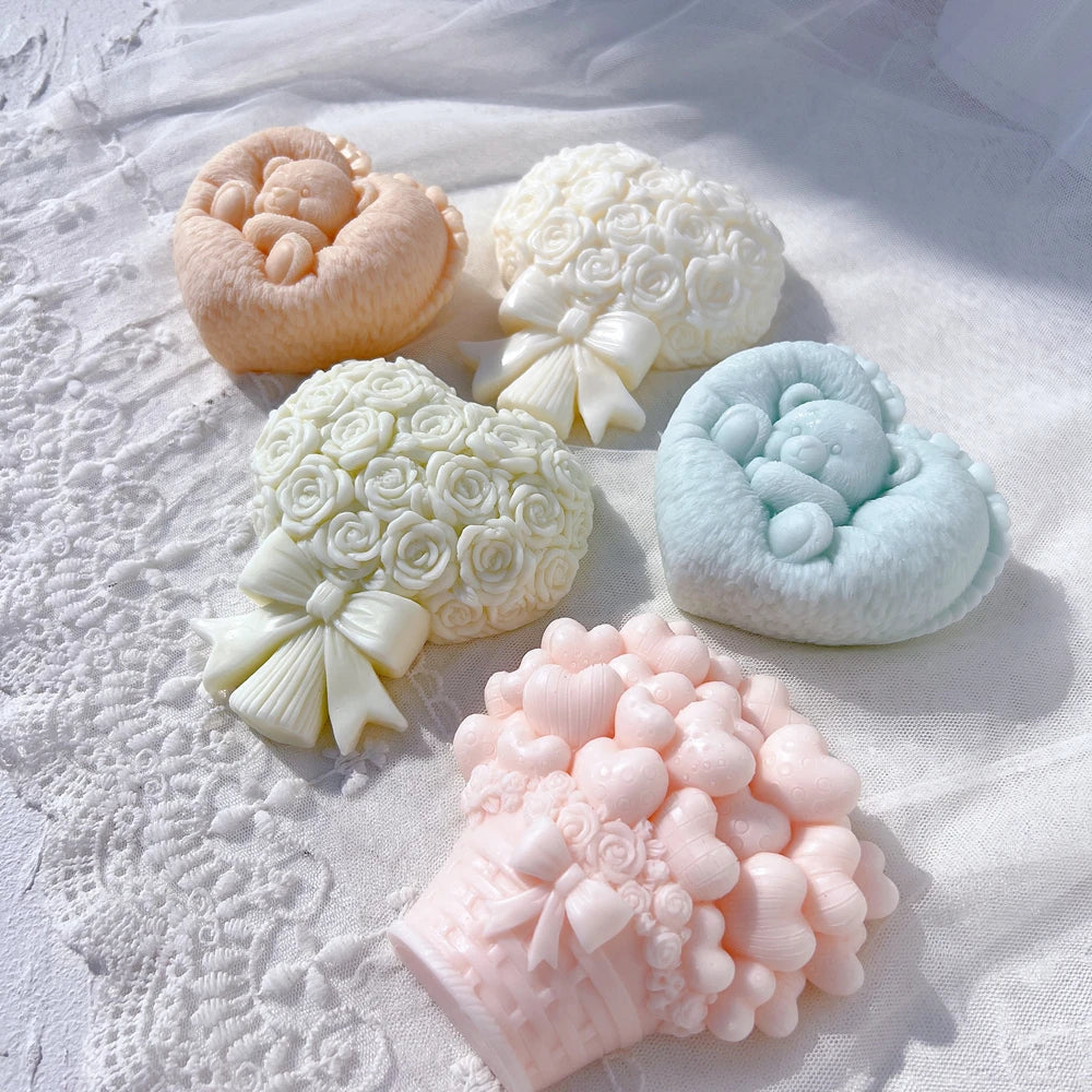 Flat Bowknot Rose Bouquet Pillar Candle Mould