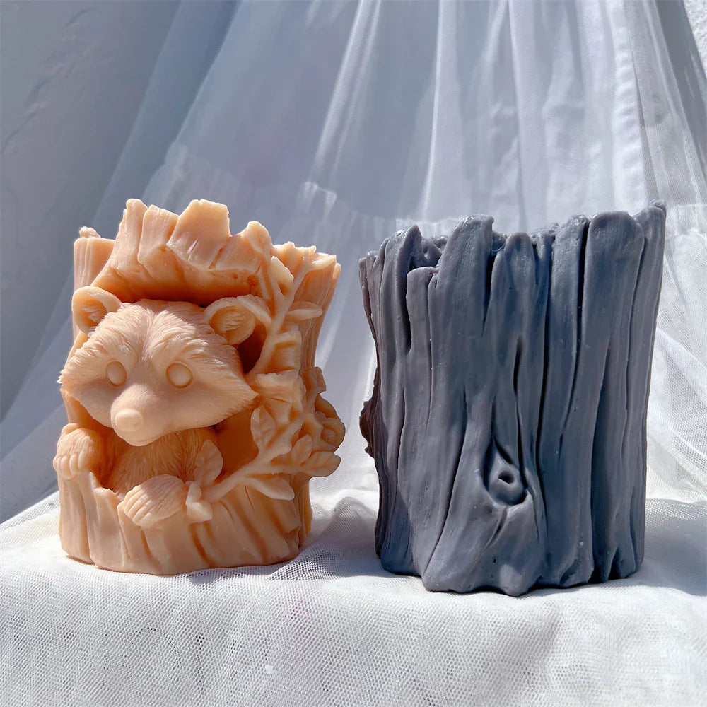 Raccoon and Bear Hiding In Tree Trunk Silicone Candle Mould