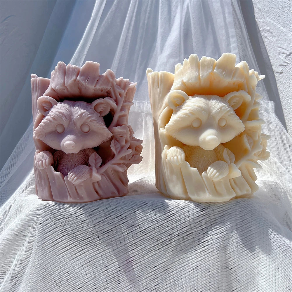 Raccoon and Bear Hiding In Tree Trunk Silicone Candle Mould
