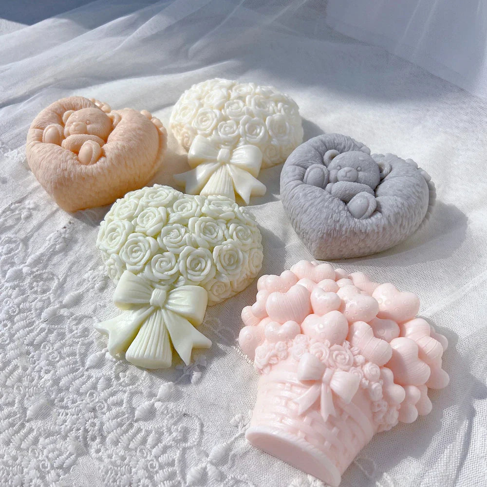 Flat Bowknot Rose Bouquet Pillar Candle Mould