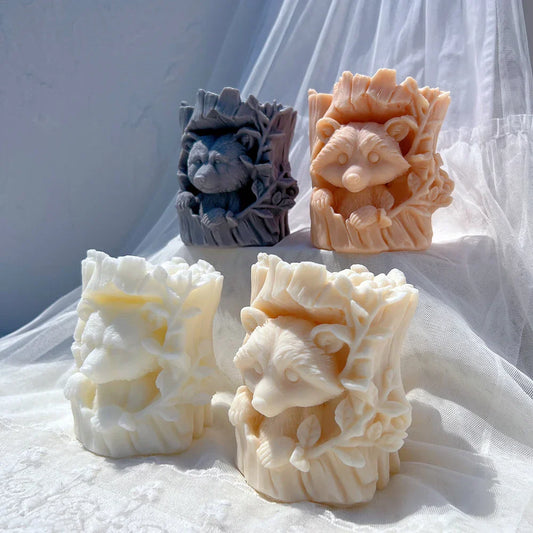 Raccoon and Bear Hiding In Tree Trunk Silicone Candle Mould