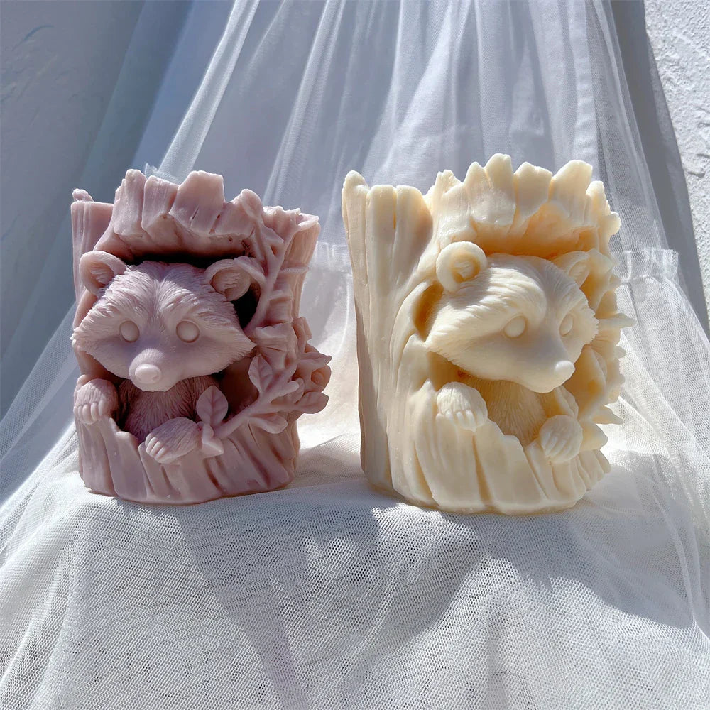 Raccoon and Bear Hiding In Tree Trunk Silicone Candle Mould