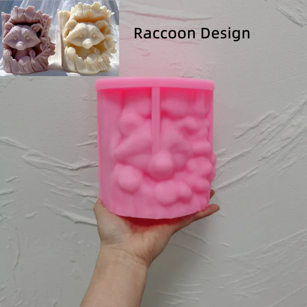 Raccoon and Bear Hiding In Tree Trunk Silicone Candle Mould