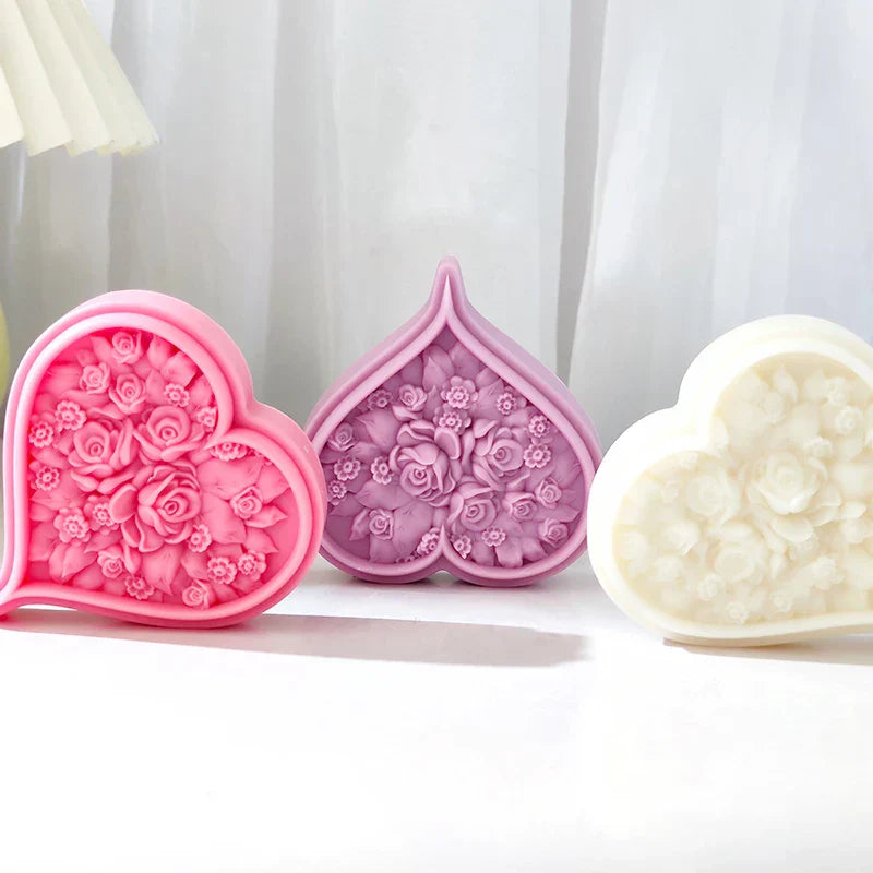 Rose Blossom Heart Shape Silicone Candle Mould