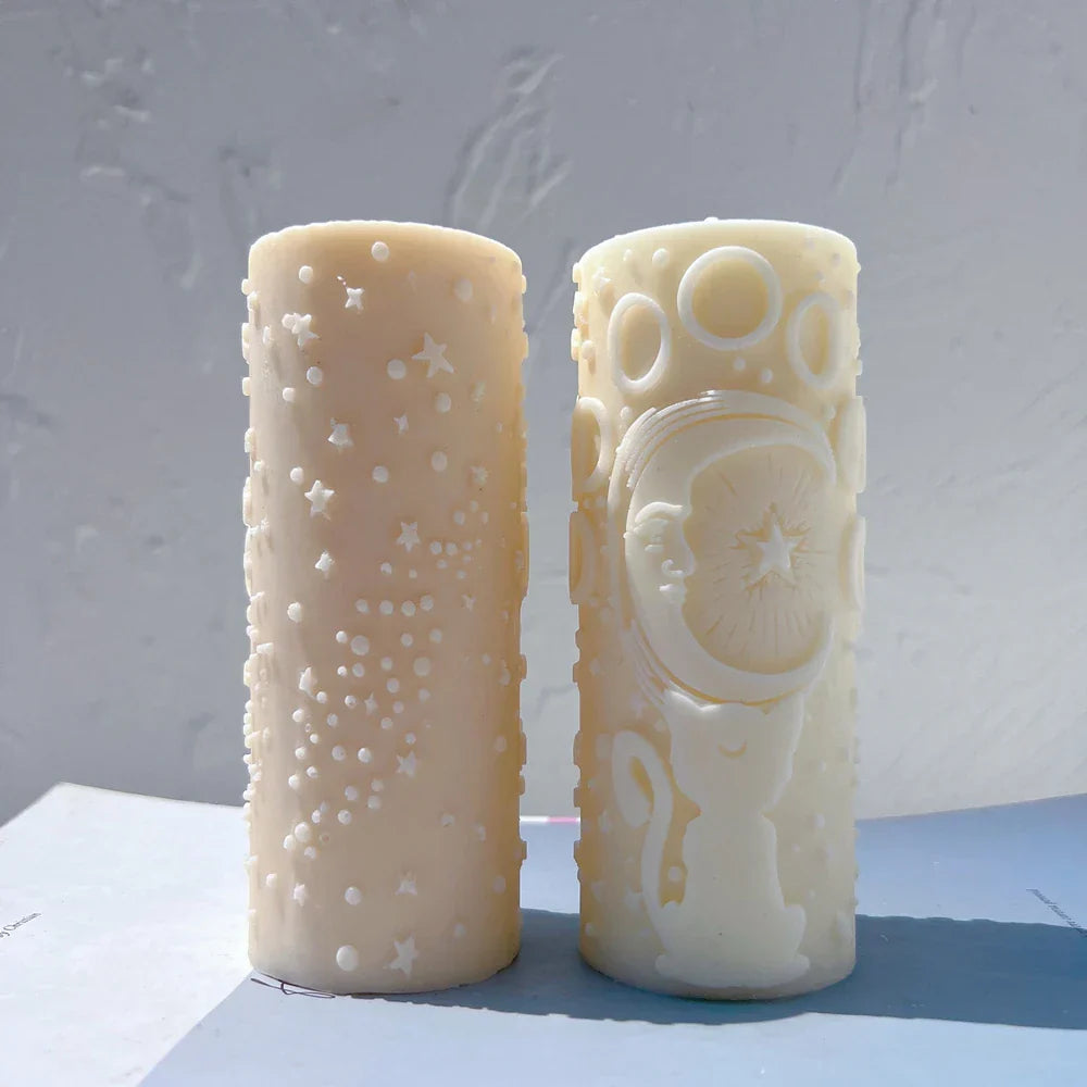 Cat Moon and Stars pillar Candle Mould Moon
