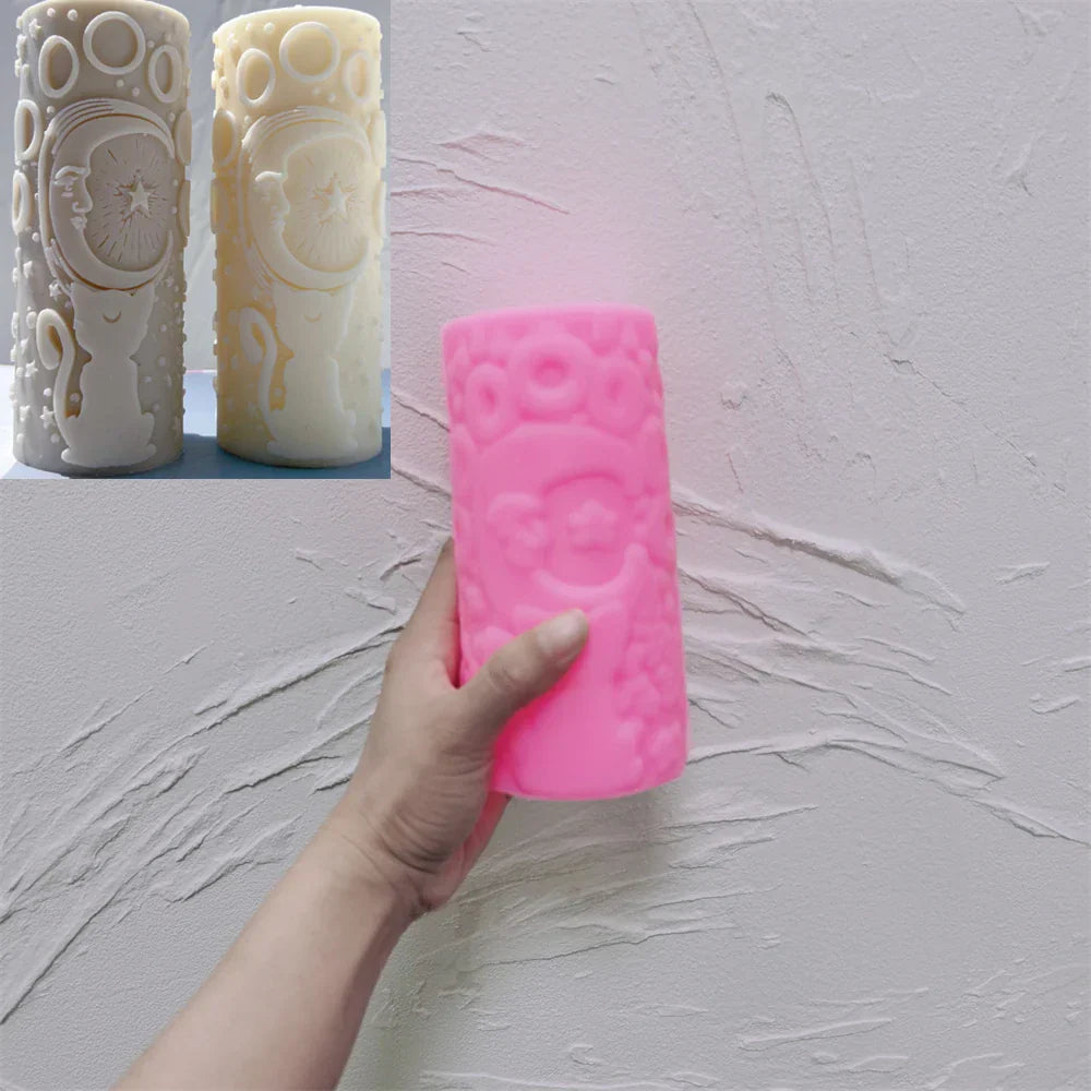 Cat Moon and Stars pillar Candle Mould Moon