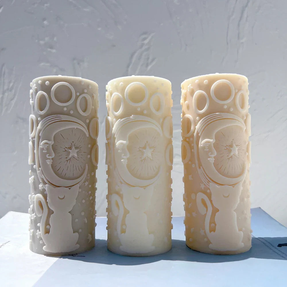 Cat Moon and Stars pillar Candle Mould Moon