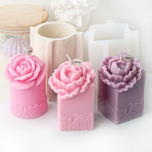 Lace Peony Square Pillar and Rose Cylindrical Silicone Candle Mould