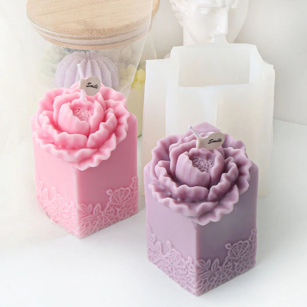 Lace Peony Square Pillar and Rose Cylindrical Silicone Candle Mould