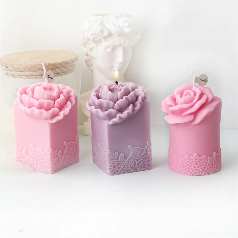 Lace Peony Square Pillar and Rose Cylindrical Silicone Candle Mould