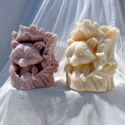 Raccoon and Bear Hiding In Tree Trunk Silicone Candle Mould
