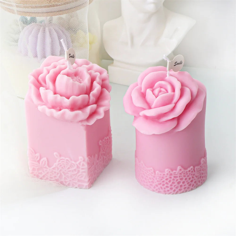 Lace Peony Square Pillar and Rose Cylindrical Silicone Candle Mould
