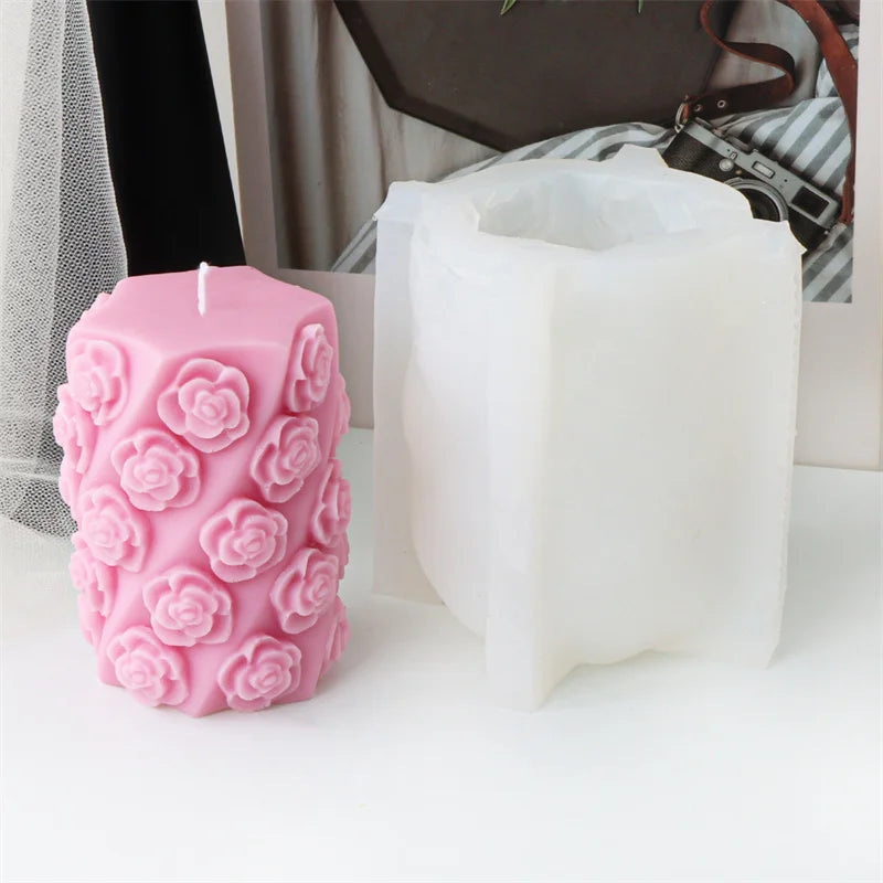 3D Relief Bees Cylindrical Floral Pillar Candle Silicone Mould