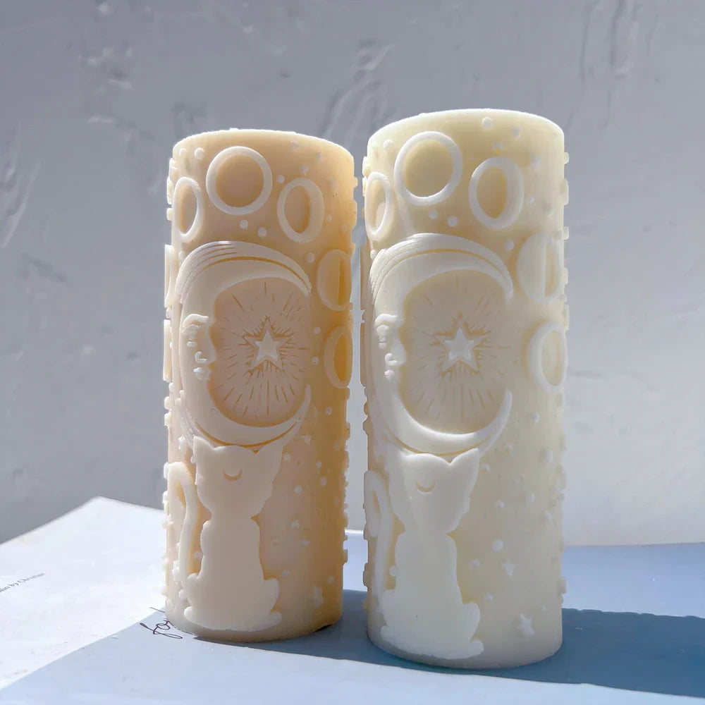 Cat Moon and Stars pillar Candle Mould Moon