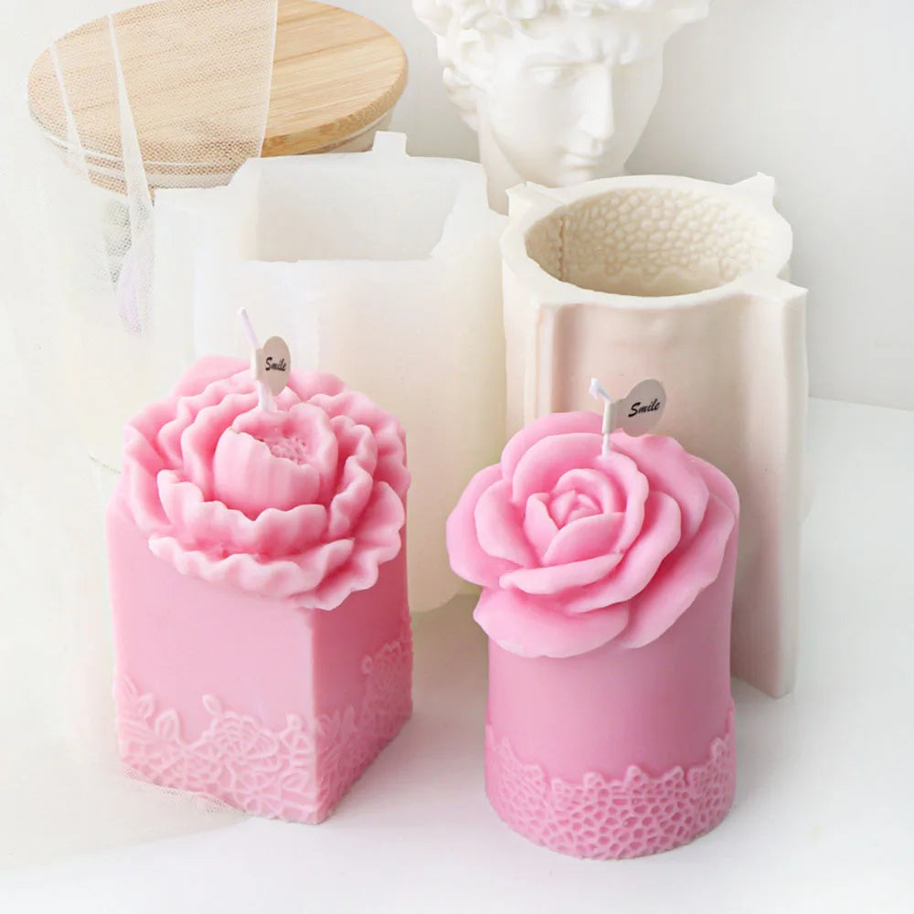 Lace Peony Square Pillar and Rose Cylindrical Silicone Candle Mould