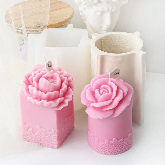 Lace Peony Square Pillar and Rose Cylindrical Silicone Candle Mould
