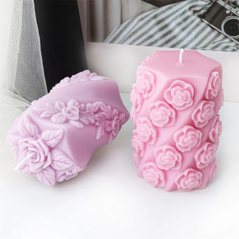 3D Relief Bees Cylindrical Floral Pillar Candle Silicone Mould