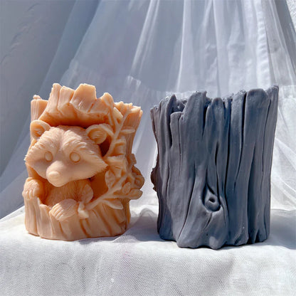 Raccoon and Bear Hiding In Tree Trunk Silicone Candle Mould