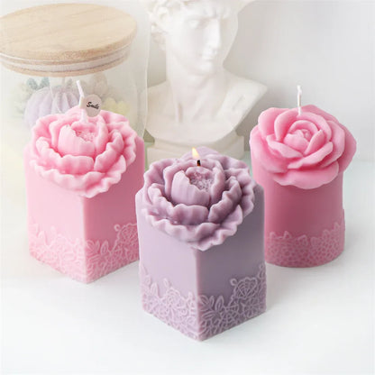 Lace Peony Square Pillar and Rose Cylindrical Silicone Candle Mould