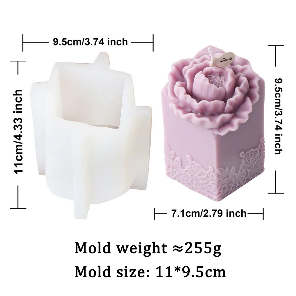 Lace Peony Square Pillar and Rose Cylindrical Silicone Candle Mould