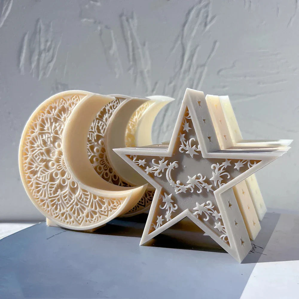 Mandala Crescent Moon and Star Candle Mould