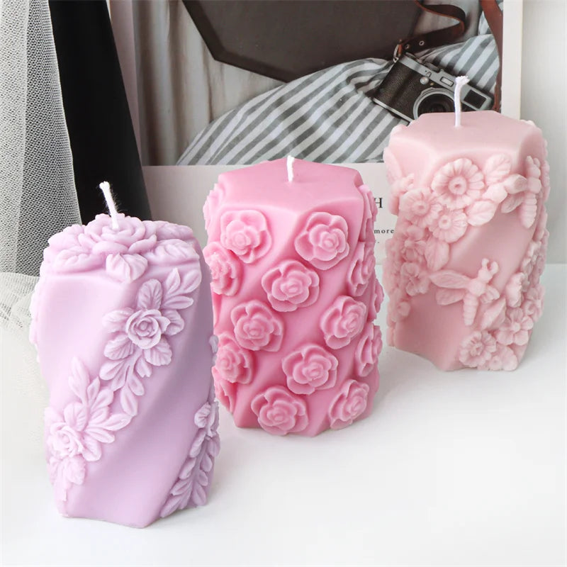 3D Relief Bees Cylindrical Floral Pillar Candle Silicone Mould