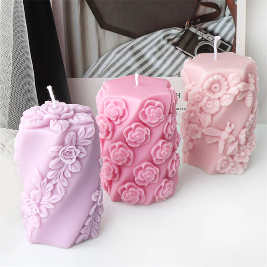 3D Relief Bees Cylindrical Floral Pillar Candle Silicone Mould