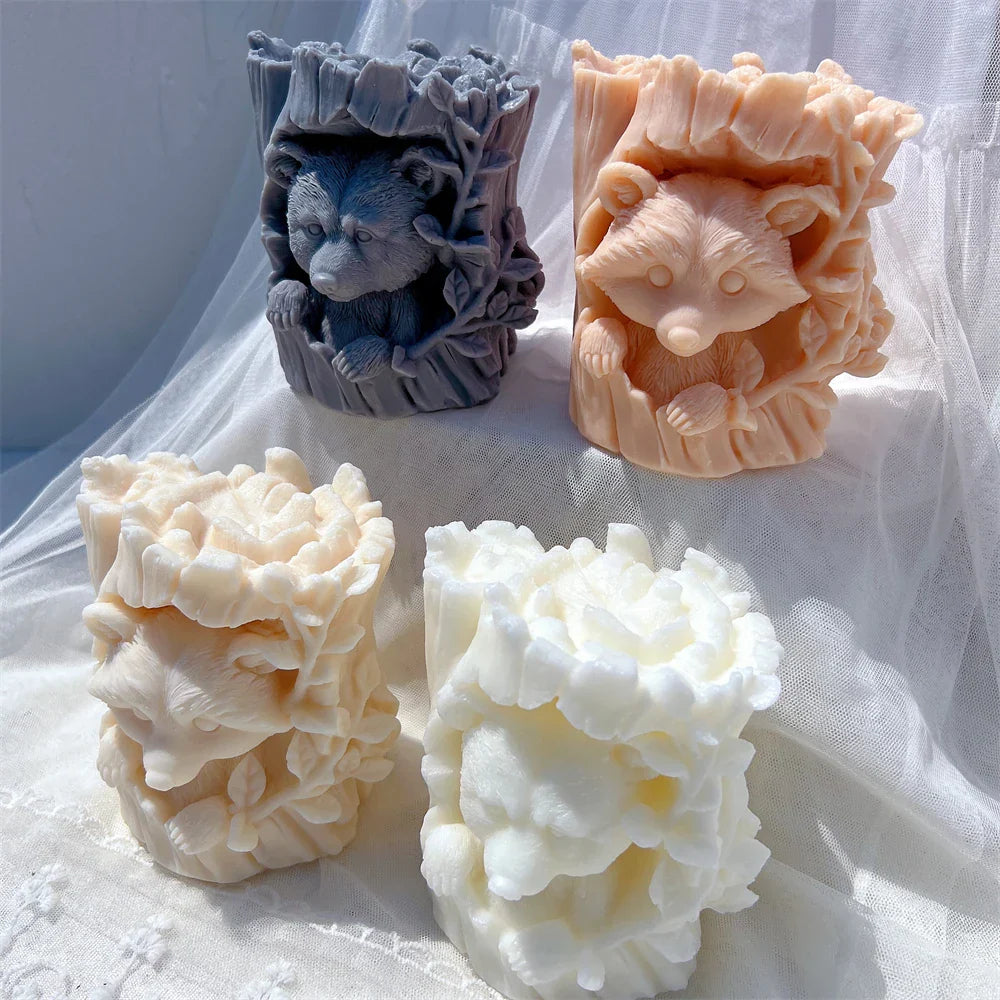 Raccoon and Bear Hiding In Tree Trunk Silicone Candle Mould