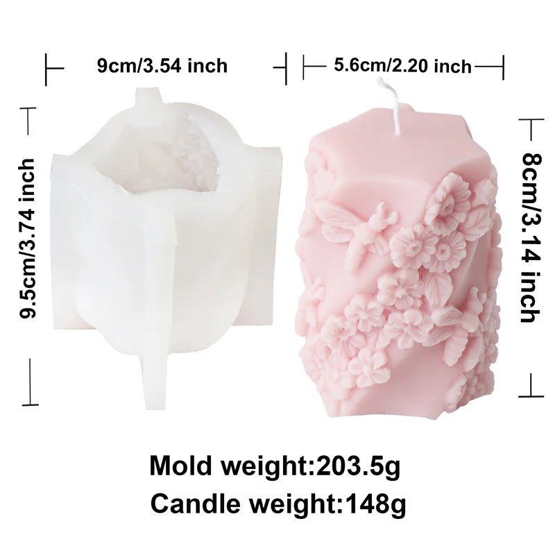 3D Relief Bees Cylindrical Floral Pillar Candle Silicone Mould