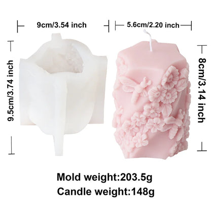 3D Relief Bees Cylindrical Floral Pillar Candle Silicone Mould